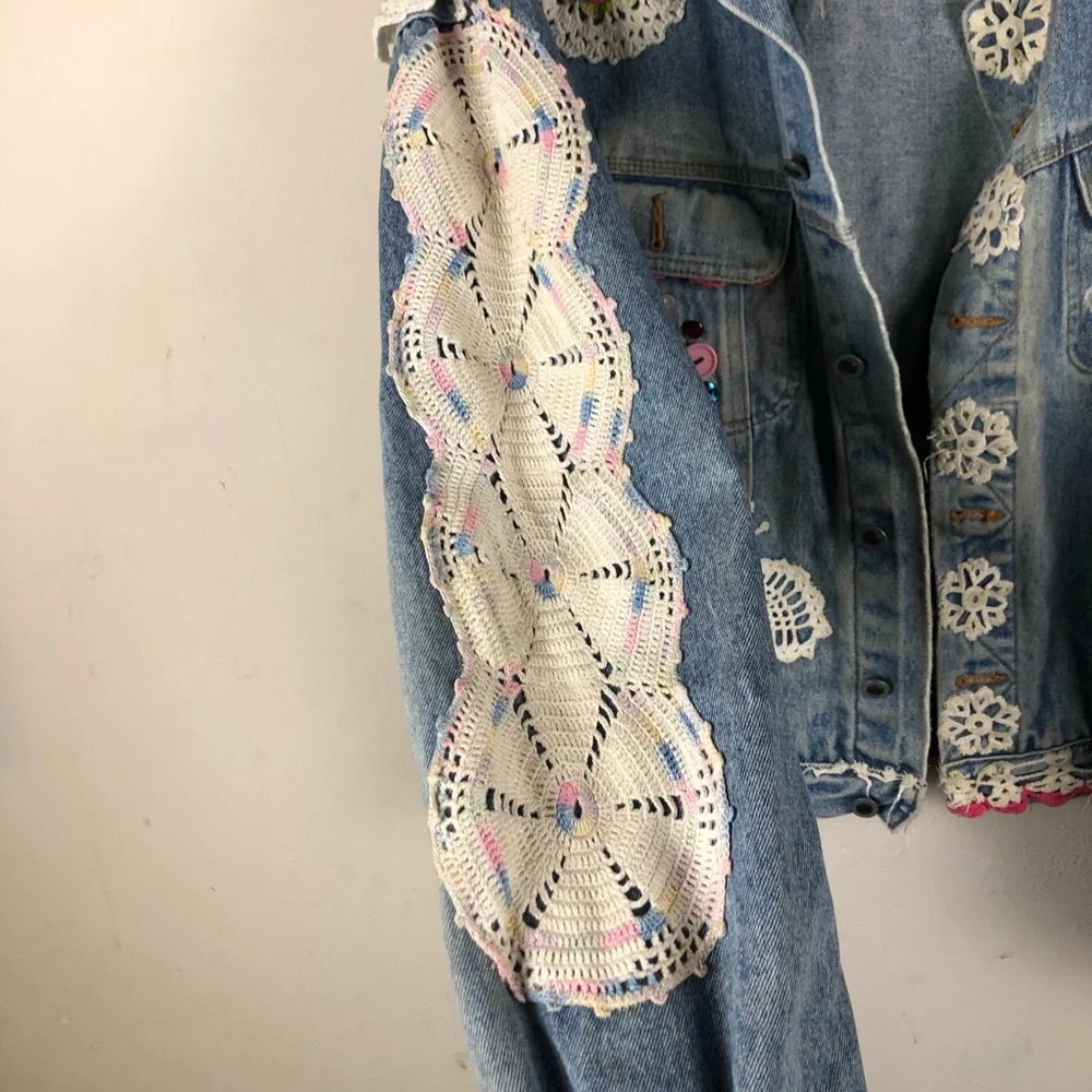 Embellished Blue Jean Jacket Crochet Patchwork - Picture 11 of 14